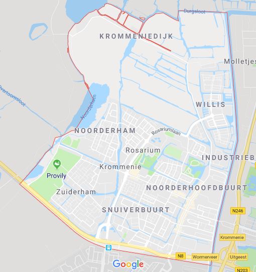Krommenie Buurtpreventie. Dit is een overzichtskaart van de wijk Krommenie uit Zaanstad.